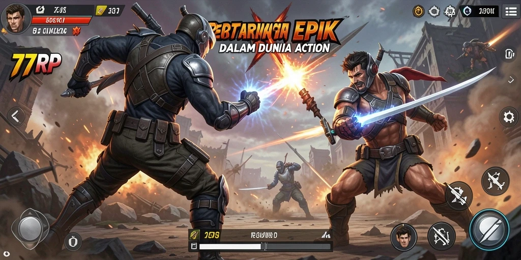 Screenshot gameplay <strong>77RP</strong> menunjukkan pertempuran seru dengan efek visual yang menakjubkan.