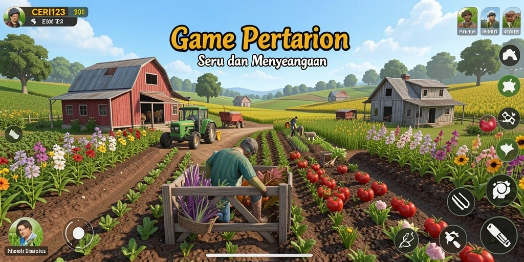 Screenshot utama CERI123 menampilkan aktivitas berkebun yang seru.