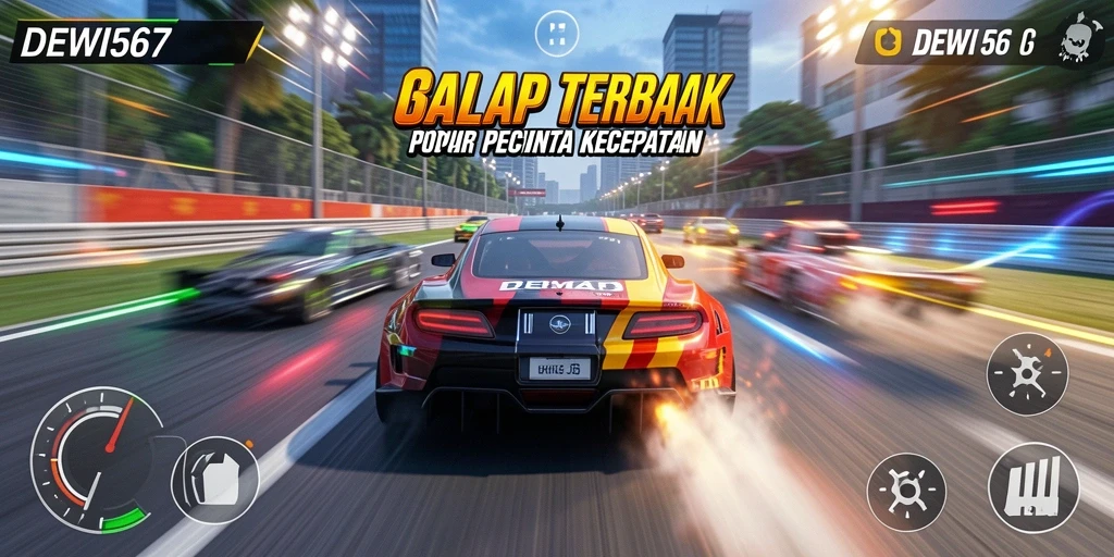 Screenshot DEWI567 menampilkan aksi balap intens di lintasan.