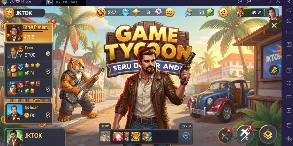Screenshot gameplay JKTOK menampilkan momen seru membangun kerajaan bisnis.