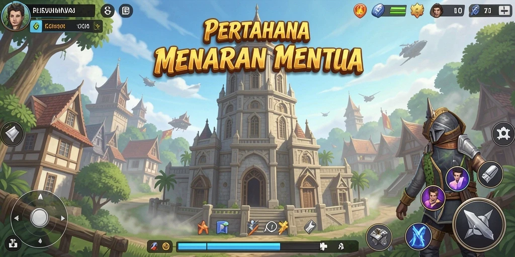 Tangkapan layar utama KETUA menampilkan aksi pertahanan menara yang intens.
