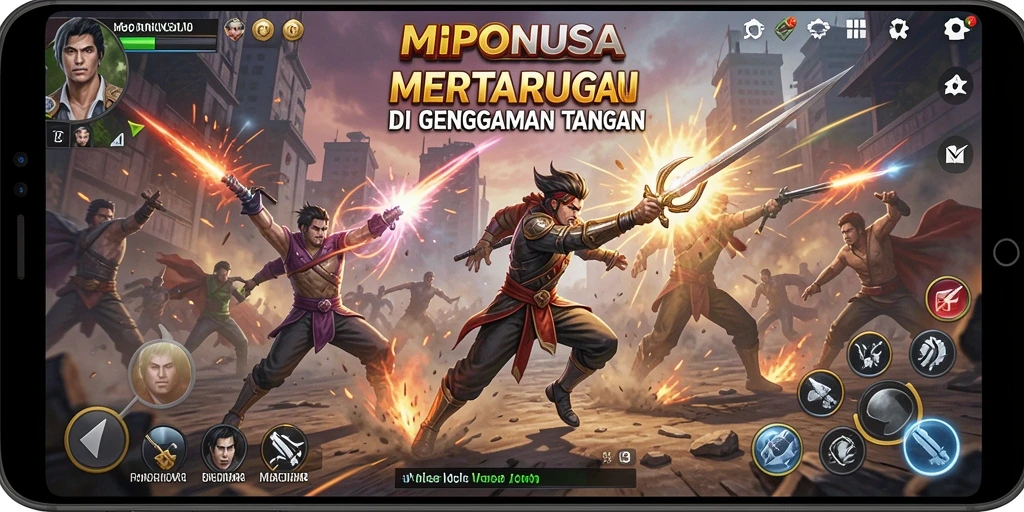 Tangkapan layar utama MPONUSA menampilkan aksi pertarungan yang mendebarkan dan karakter penuh warna.