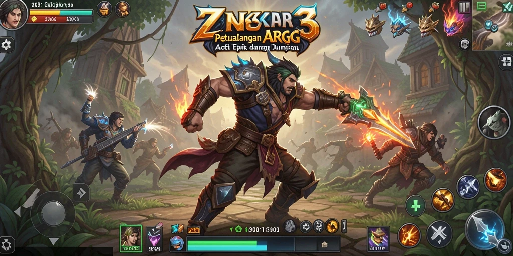 Screenshot gameplay ZK3 menampilkan aksi pertempuran yang epik di dunia fantasi.